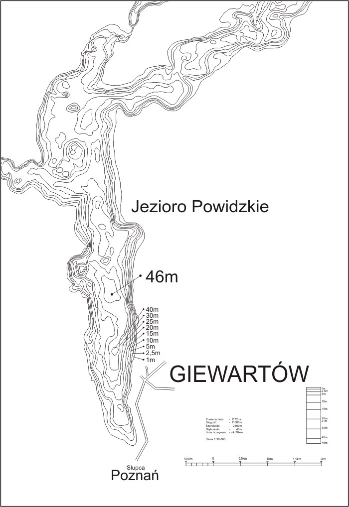 Tiefenkarte Gierwartow-See Polen, Nemo - Baza Nurkowa, Giewartow, Polen