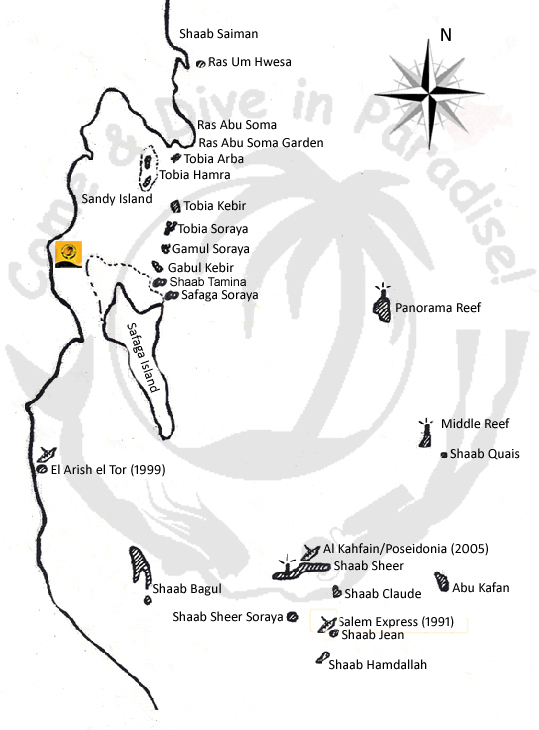 Tauchplätze in Safaga, Tauchplatzkarte, Tauchplätze, Safaga, VOLKERT Dive Center - Safaga Ägypten, Ägypten