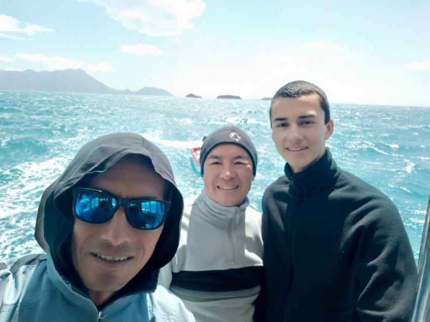 links Bayram, rechts Max, Mitte ich, Drei Inseln Tekirova, Blue World Diving Center, Hotel Marti Myra, Tekirova / Antalya, Türkei
