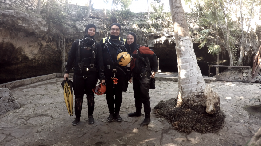 von links nach rechts Mandy, Klaus, Christine, Diving Caves, Playa del Carmen, Mexiko