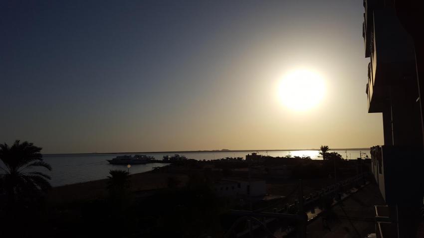 Sonnenaufgang Blick auf die Marina vom Hotel aus, Freedom Divers, Safaga, Ägypten, Safaga