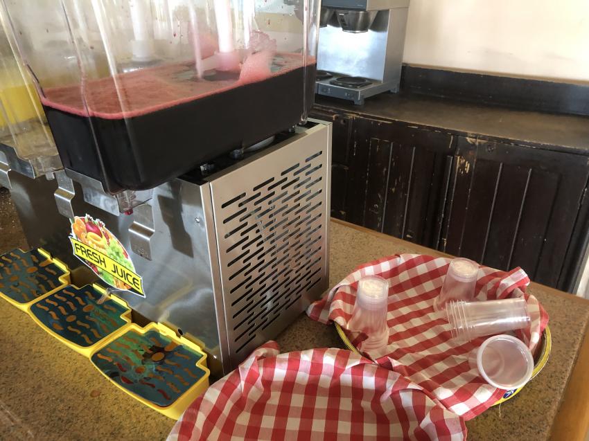 In Wegwerfplastikbechern bekommt man zum Frühstück eine Art Saft , Plastikmüll wegwerfbecher, Mangrove Bay Resort, Ägypten, El Quseir bis Port Ghalib