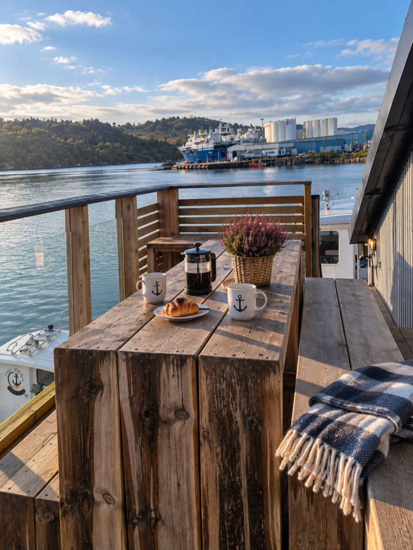 Terrasse mit Blick auf den Rosfjord, Dive & Stay Norway, Lyngdal, Rosfjord, Tauchurlaub Norwegen, Dive & Stay Norway – Lyngdal Dykkesenter, Norwegen